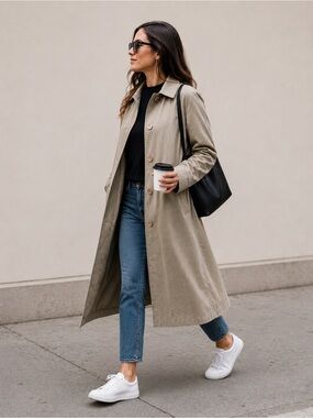 London Fog Faux Suede Trench Coat Taupe Hooded Long Lightweight Sz 6P